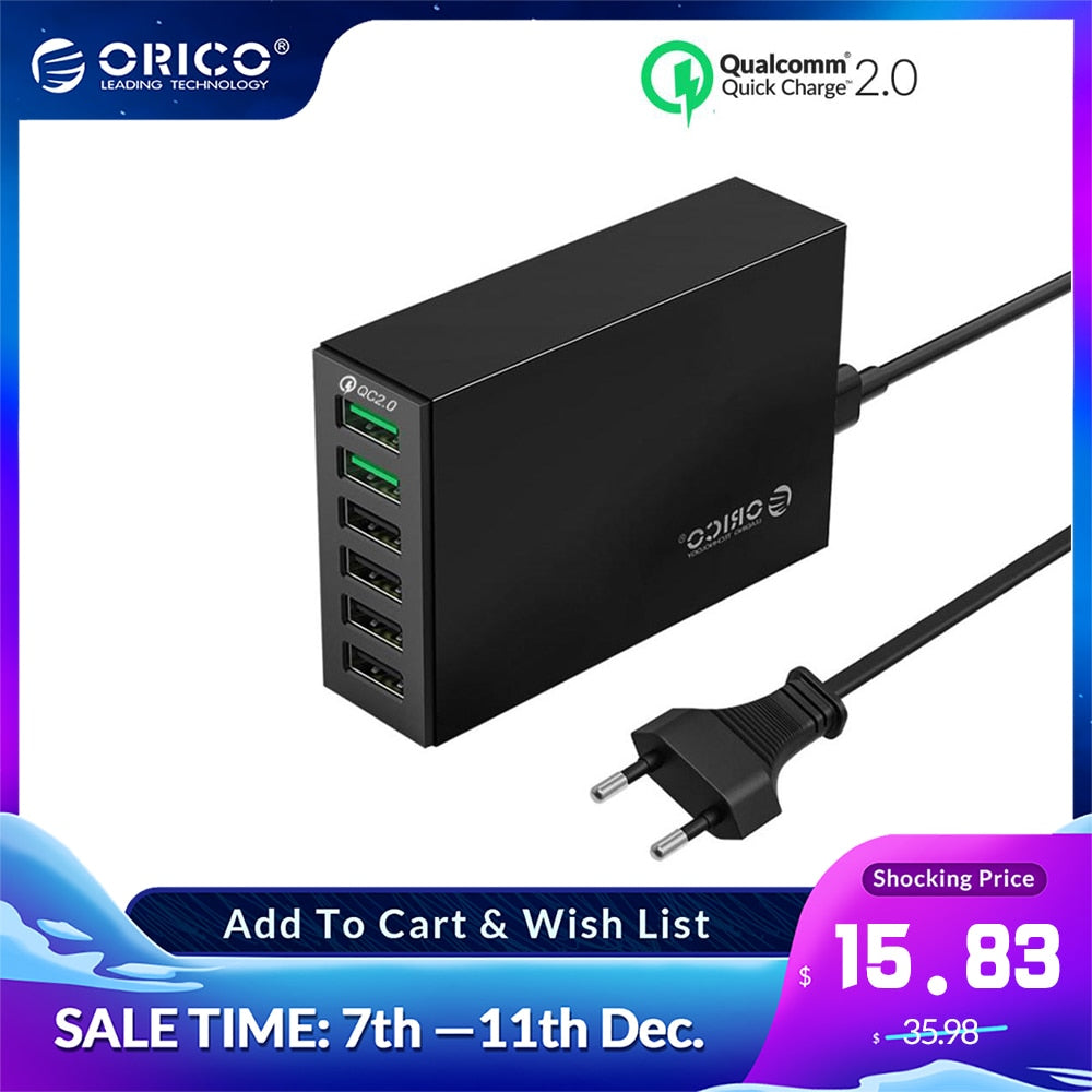 ORICO 6 Ports Desktop Charger QC2.0 Fast Mobile Phone USB Adapter for Samsung Huawei Xiaomi LG iPhone EU/US/UK/AU Plug