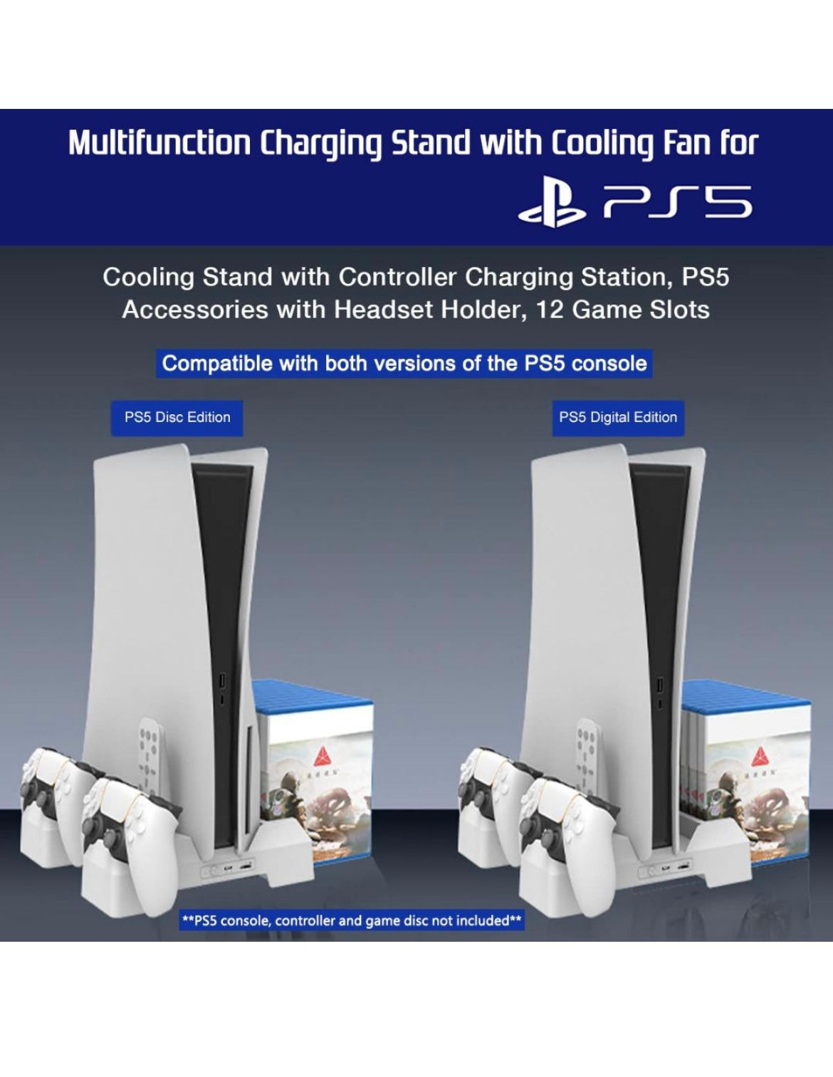 PS5 Vertical Stand Cooling Fan and Controller Charger Dock Charging Station