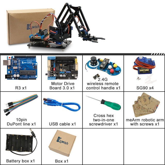 4DOF DIY Robot Arm Kit Educational Robotics Claw Set Mechanical Arm for Arduino R3,PS2/2.4G Wireless Control,Scracth Programming
