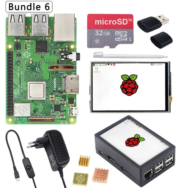 Raspberry Pi 3 Model B + ABS Case + 32GB SD Card + Power Adapter + Heatsinks + Optional 3.5 inch Touchscreen or HDMI for RPI 3B+