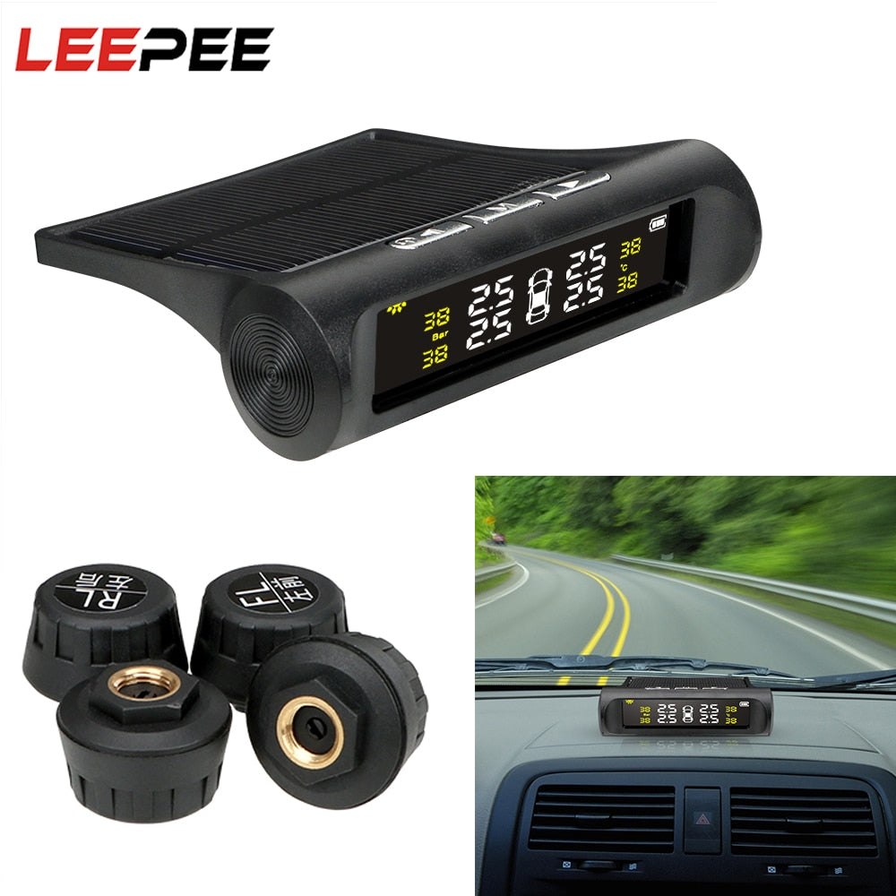 LEEPEE Solar Power Car TPMS Tyre Pressure Monitoring System Auto Security Alarm Systems Digital LCD Display Tyre Pressure Sensor