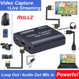 4K HDMI To USB 2.0 3.0 Loop Out Graphics Capture Card Video Recording Box PC Game Live Streaming Video Recorder Mic In Audio Out